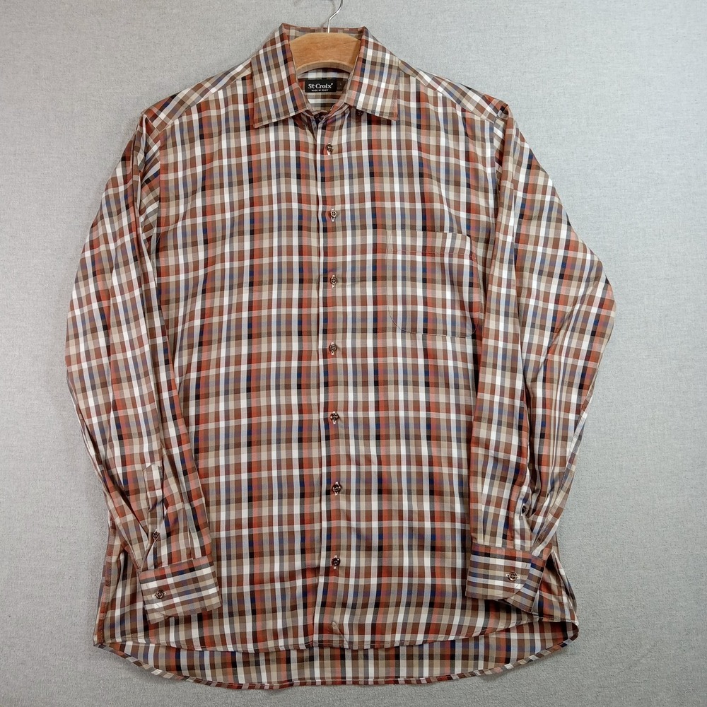 VTG St Croix Made in Italy Mens L Shirt Brown Plaid Button Casual Dress Luxury